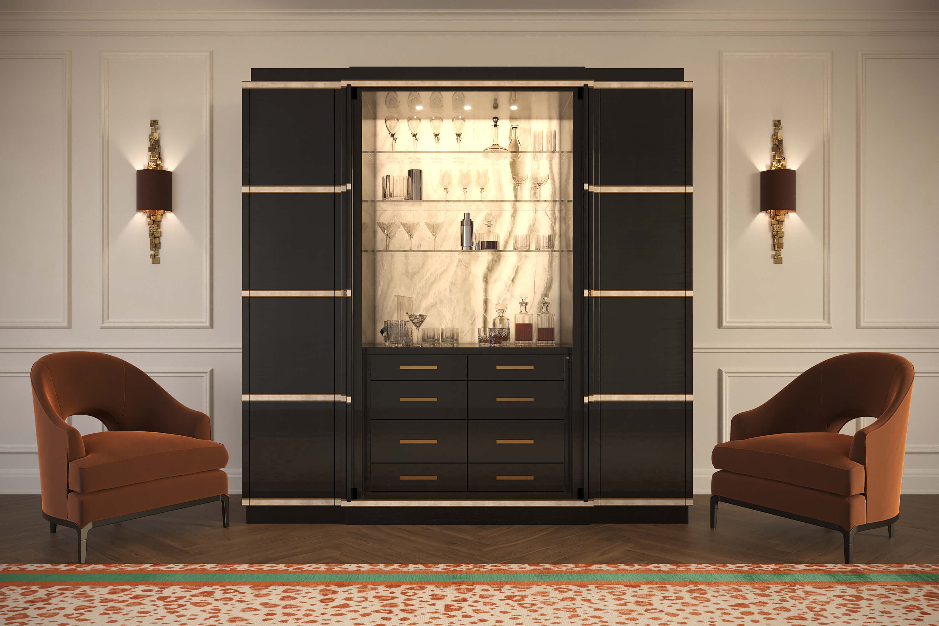 CollinsCocktailCabinetCellar_SycamoreBlack_SycamorePearl_FrontViewOpen_DAVIDSONLondon_LR