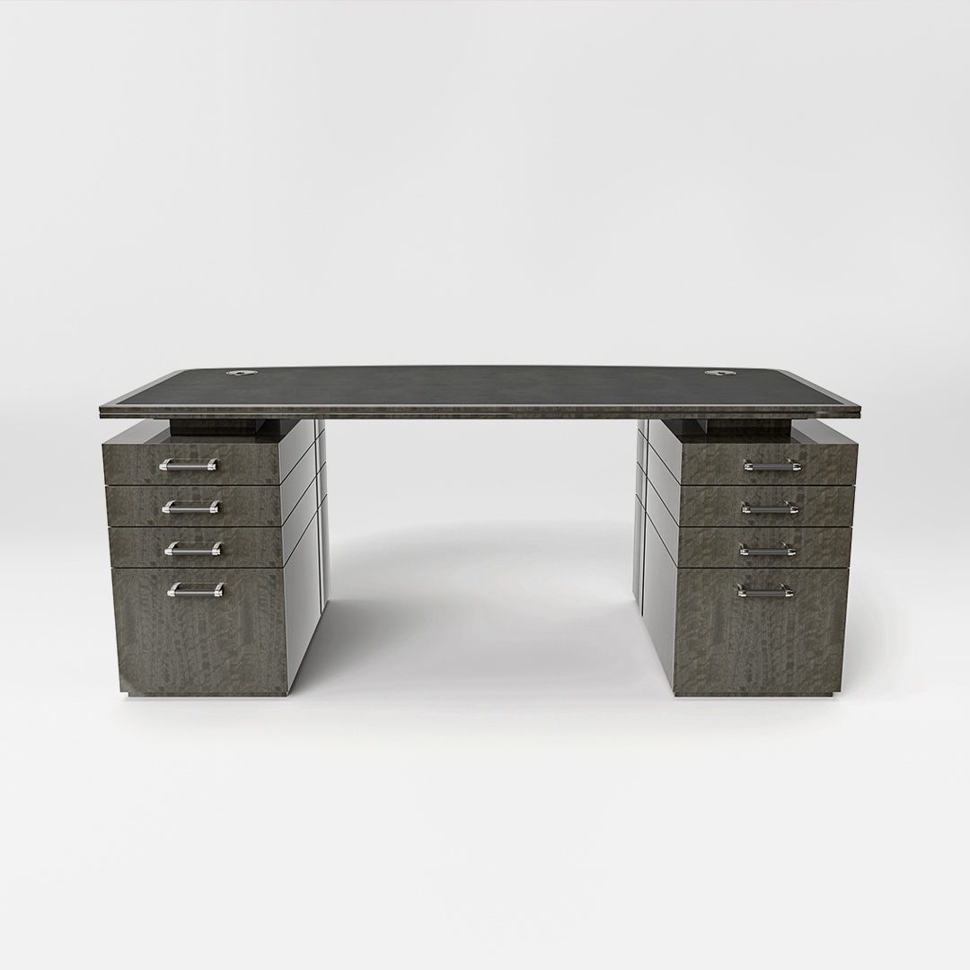 The Eclipse Desk in Metallic Grey Eucalyptus with polished nicke