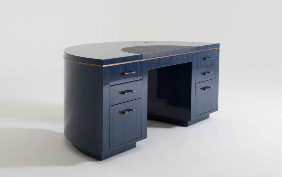 High gloss figured blue eucalyptus Lunar Desk