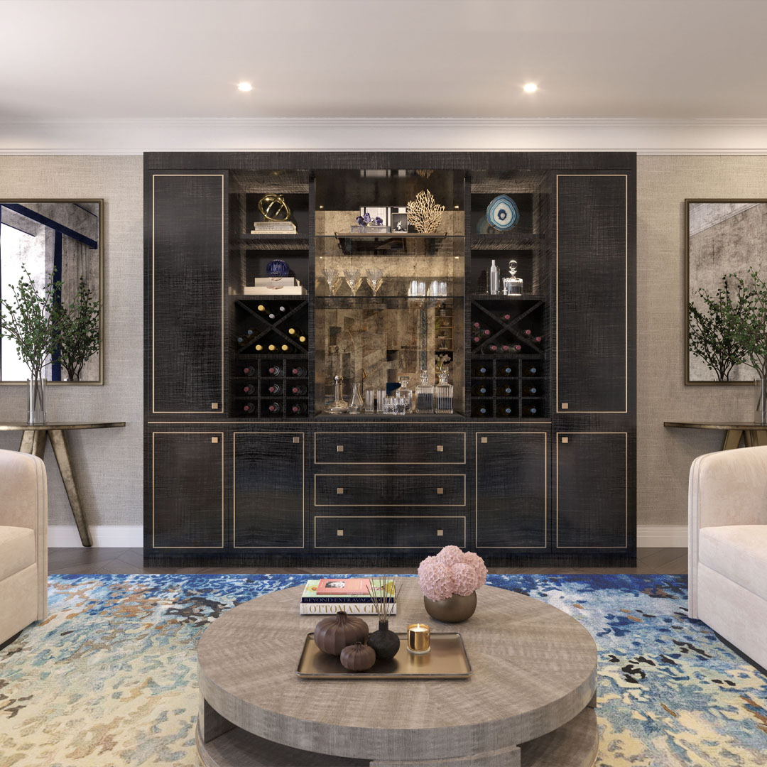 Designed with entertainment in mind, the Vesper is the ultimate high-end home bar for those who revel gathering in their abode. Finished in our classic Sycamore Black with elegant brushed brass trimming and ironmongery
details, the Vesper is sure to compliment any stylish drawing room.