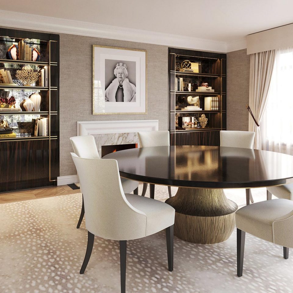 Dining room with built in cabinetry filled with books and elegant home accessories.