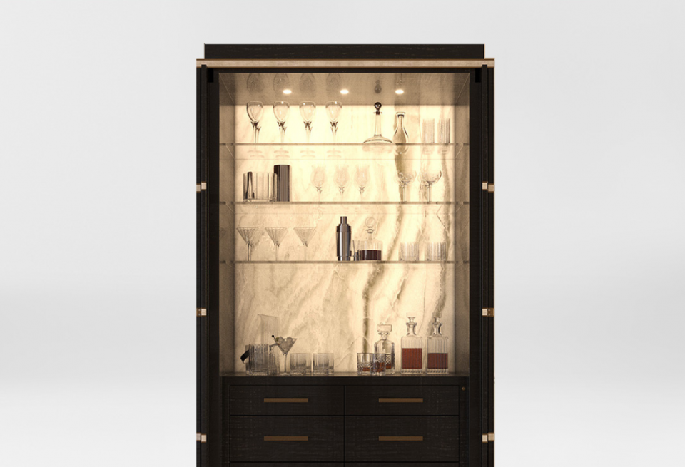 Mahogany drinks cabinet with elegant glassware and bar accessories.