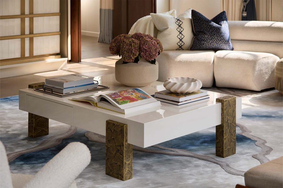 Elegant Drawing Room with a white and bronze coffee table - A Serene and Artisanal Luxury Home in Mayfair