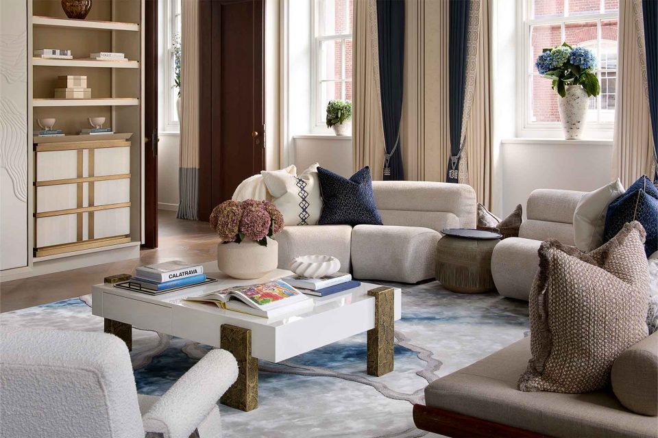 Elegant Drawing Room with a white and bronze coffee table - A Serene and Artisanal Luxury Home in Mayfair