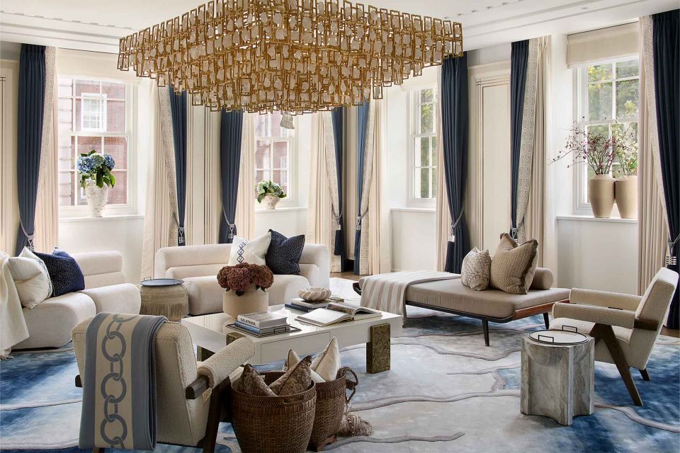 Elegant Drawing Room with a white and bronze coffee table - A Serene and Artisanal Luxury Home in Mayfair