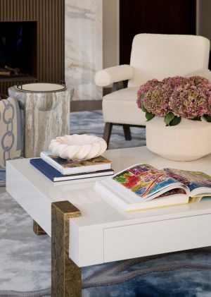 Elegant Drawing Room with a white and bronze coffee table - A Serene and Artisanal Luxury Home in Mayfair